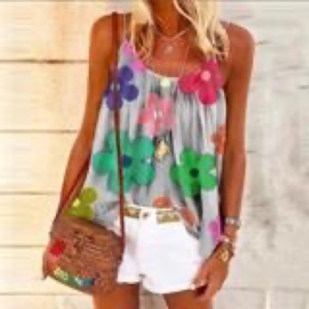 Gray floral love flower tank top hippie Small